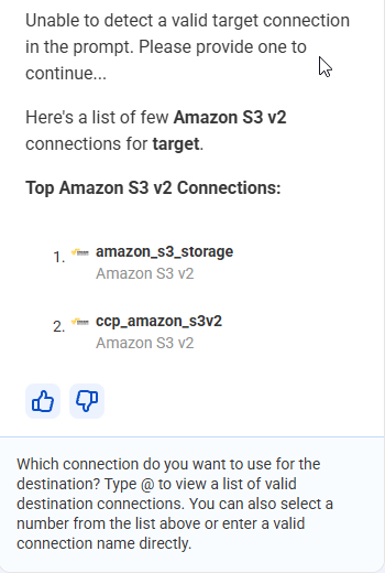 List of Amazon S3 target connections to choose from.