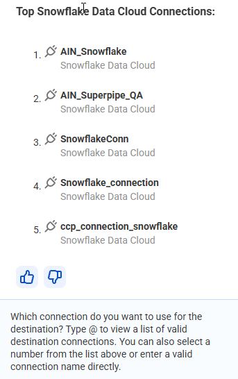 List of Snowflake target connections to choose from.