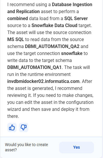 Summary of the database ingestion and replication task definition with SQL Server source and Snowflake target.