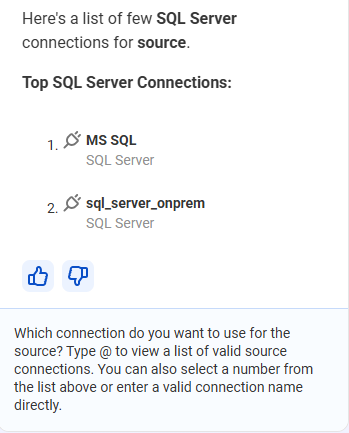 List of example SQL Server source connections to choose from.