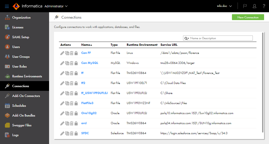 The Connections page shows all of the connections that have been configured in the organization. The page shows the name, type, runtime environment, and service URL for each connection. To create a connection, click "New Connection" at the top of the page. You can use the search field above the connections list to search for a connection.