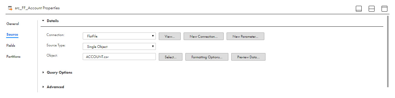 The Properties panel displays the source connection, source type, and source object for the FF_Account source transformation.