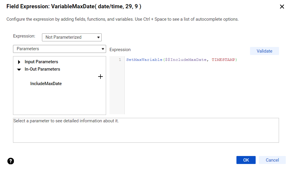 The SetMaxVariable function reads as SetMaxVariable($$IncludeMaxDate, TIMESTAMP).