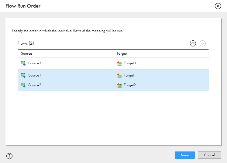 The image shows a table with the sources and targets for two data flows. Source3 and Target3 make up one flow. Source1 and Target1, and Source2 and Target2 make up the second data flow. The arrows at the top right of the able allow you to move a flow up or down.