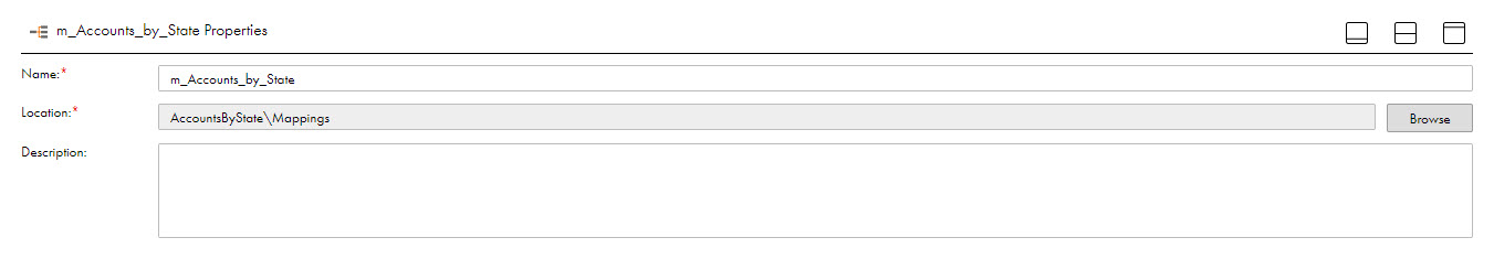 The Properties panel shows the name and location of the mapping that you specified.