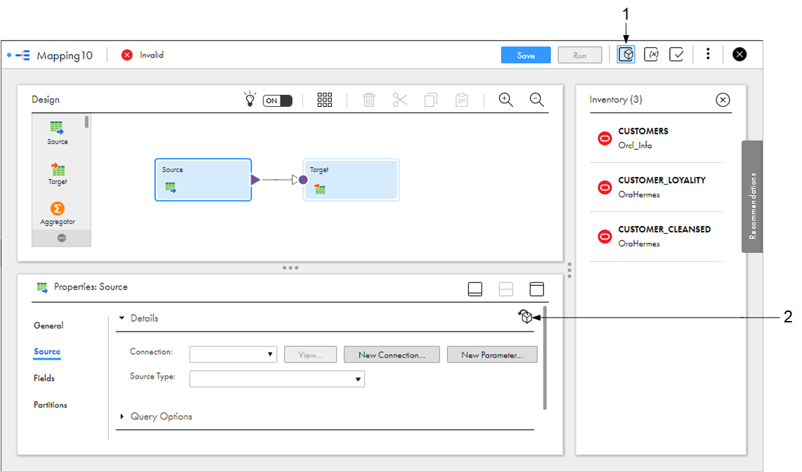 The inventory panel lists the Enterprise Data Catalog objects that have been added to the mapping. In this image, three tables have been added to the inventory. The Source tab on the Source transformation is selected, showing the "Select an object from the inventory" icon.