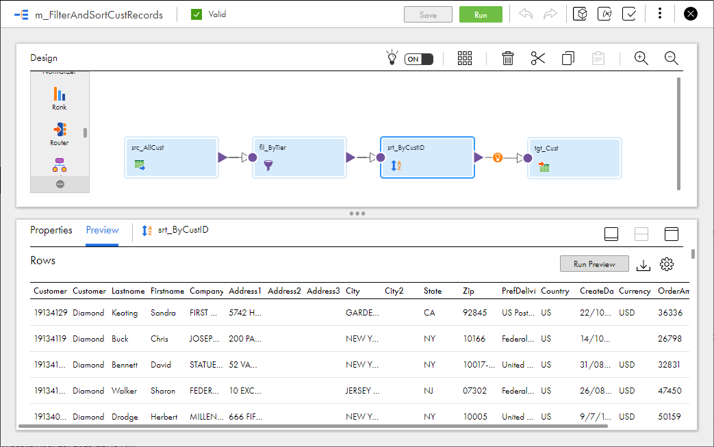 The mapping contains Source, Filter, Sorter, and Target transformations. The Sorter transformation is selected, and the Preview panel is displayed. The Preview panel shows the rows of data that have been processed by the Filter and Sorter transformations.