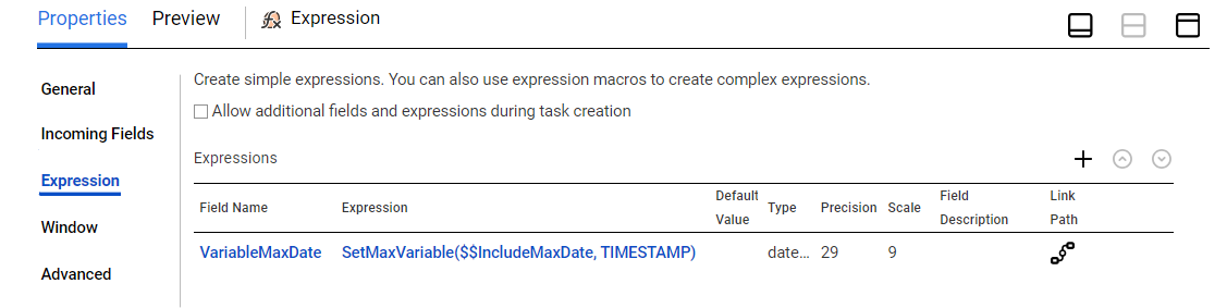 The saved expression for VariableMaxDate is available for editing on the Expression page.