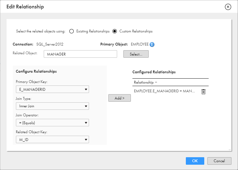 The image shows EMPLOYEE as the primary object, MANAGER as the related object, and an inner join on the EMPLOYEE.E_MANAGERID and MANAGER.M_ID fields.