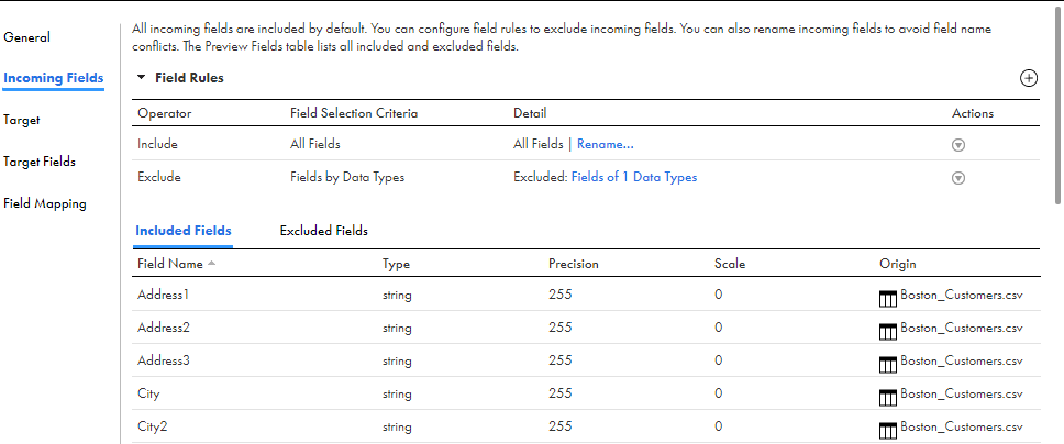 The Preview Fields table at the bottom of the Field Rules area lists the included and excluded fields.