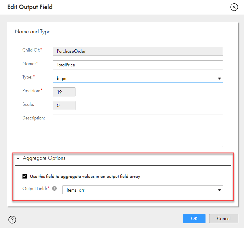 Aggregate Options indicates that the Items_arr array output values will be used to aggregate into TotalPrice.