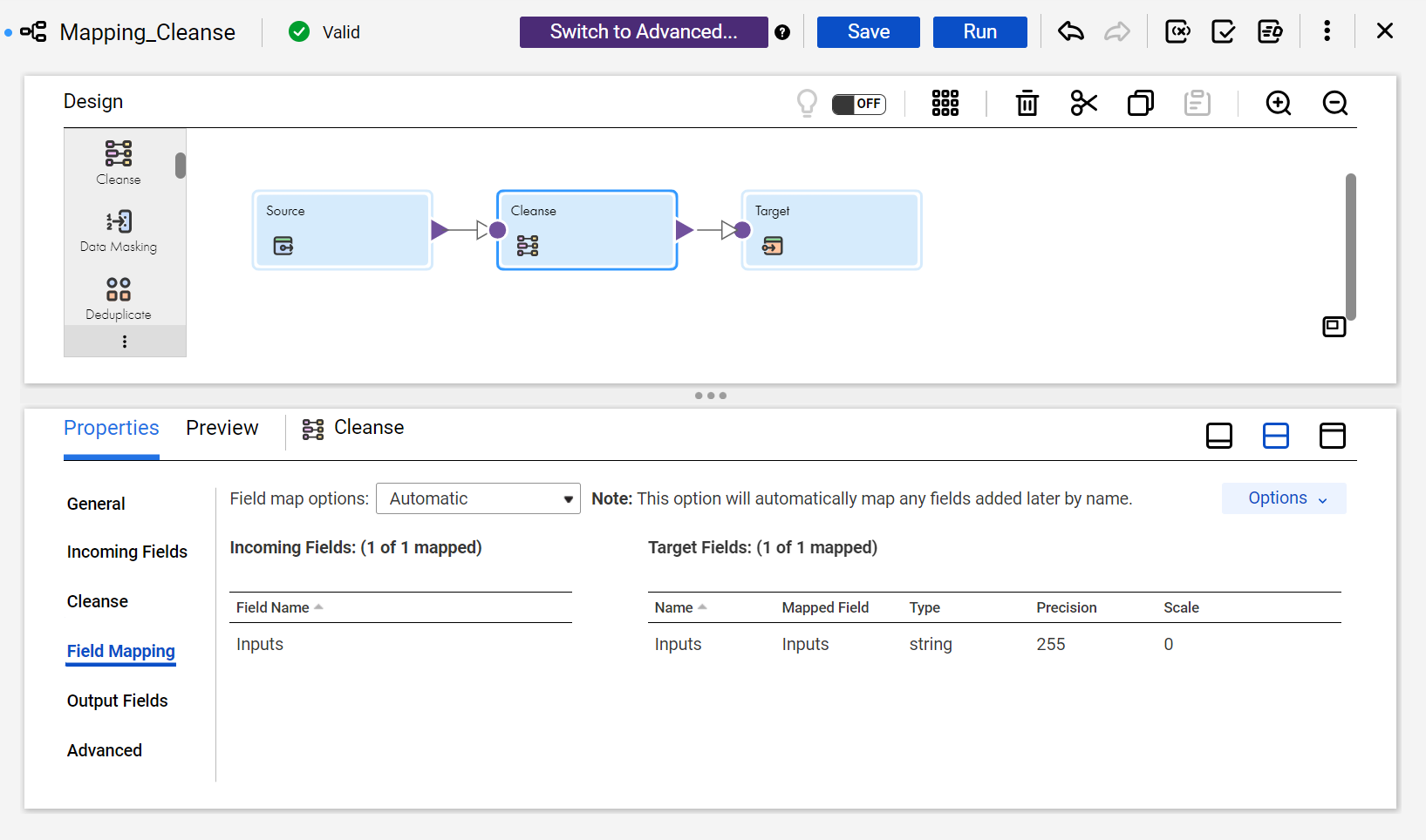 The image shows the Field Mapping tab of the Cleanse transformation. Use the field mapping options to identify one or more incoming fields that the transformation will read and the target fields that will carry the outcome of the cleansing operation.