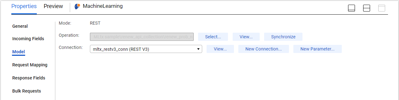 The Model tab of the Machine Learning transformation shows a POST operation selected and a REST V3 connection to the machine learning model.