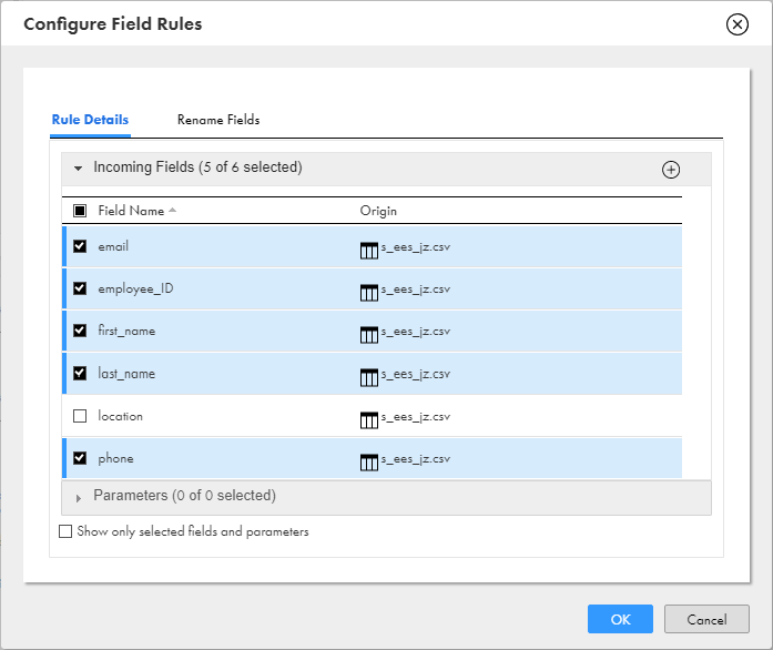 All the named fields are included from the first input group except for the "location" field.