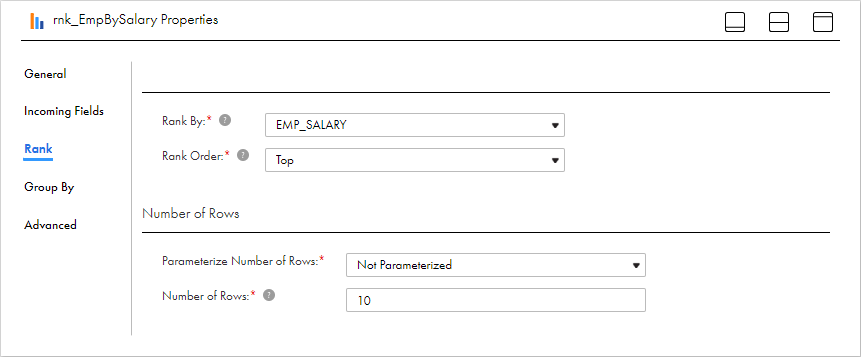 The Rank tab of the Rank transformation defines the rank properties. In this example, the Rank By field is "EMP_SALARY," the rank order is "Top," and the number of rows is "10." Therefore, the transformation ranks the top 10 employees based on the values in the EMP_SALARY field.