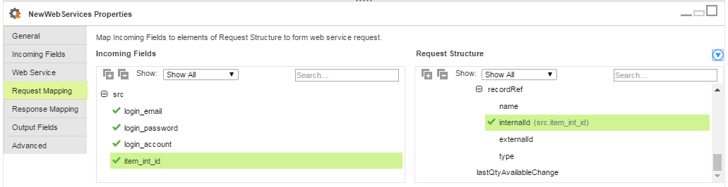 The image shows incoming field "item_int_id" mapped to the "internalid" element in the request structure.