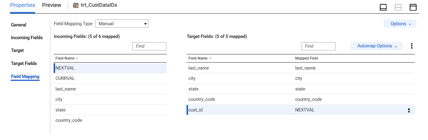 The Field Mapping tab shows the NEXTVAL output field mapped to the cust_id field.