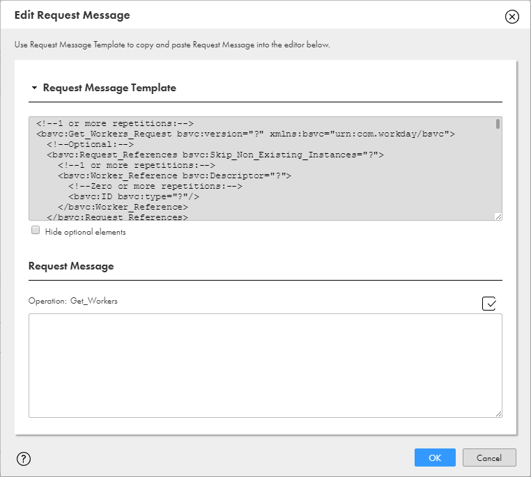 The Edit Request Message dialog box shows a request message template and the request message editor pane where you can revise the request message.