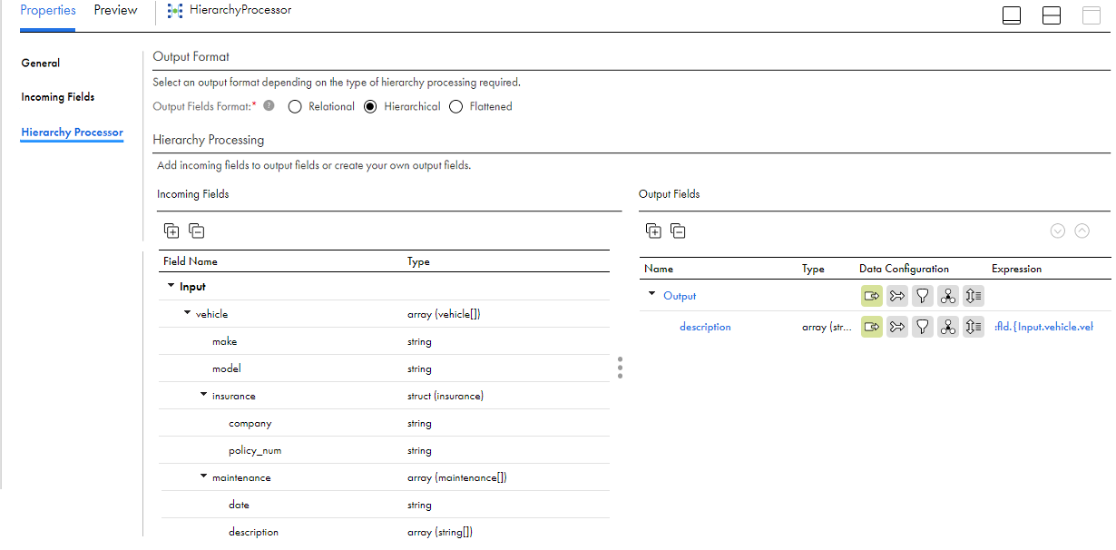 The image shows the Hierarchy Processor tab of the Hierarchy Processor transformation. The Incoming Fields panel contains one input group with the following field: vehicle (array). The vehicle array contains the following fields: make (string), model (string) insurance (struct), and maintenance (array). The insurance struct contains the following fields: company (string) and policy_num (string). The maintenance array contains the following fields: date (string) and description (array of strings). The Output Fields panel contains the following field: description (array of strings).