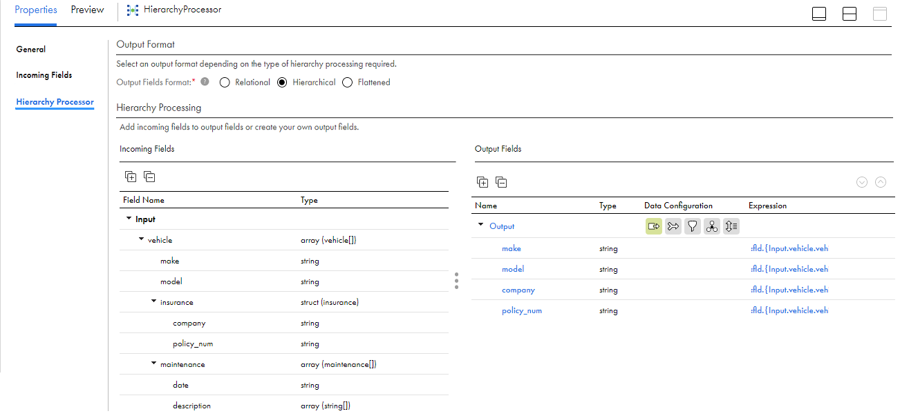 The image shows the Hierarchy Processor tab of the Hierarchy Processor transformation. The Incoming Fields panel contains one input group with the following field: vehicle (array). The vehicle array contains the following fields: make (string), model (string) insurance (struct), and maintenance (array). The insurance struct contains the following fields: company (string) and policy_num (string). The maintenance array contains the following fields: date (string) and description (array of strings). The Output Fields panel contains the following primitive fields: make (string), model (string), company (string), and policy_num (string).