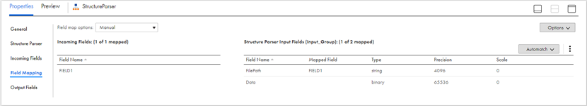 The Field Mapping tab shows the incoming fields that you can map to the Structure Parser input fields.