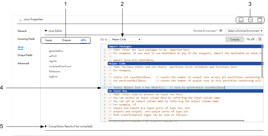 The Java tab of the Java transformation contains the Java editor. In this image the Helper Code section is selected. The APIs tab lists the API methods that you can use in the Helper Code section.