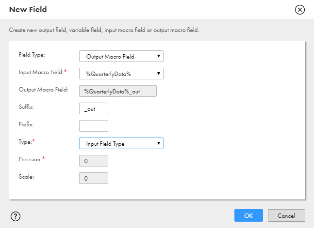 The New Field dialog box shows Field Type set to Output Macro Field, Input Macro Field set to %QuarterlyData%, and Suffix defined as "_out.". The Type property is set to Input Field Type instead of a standard data type.