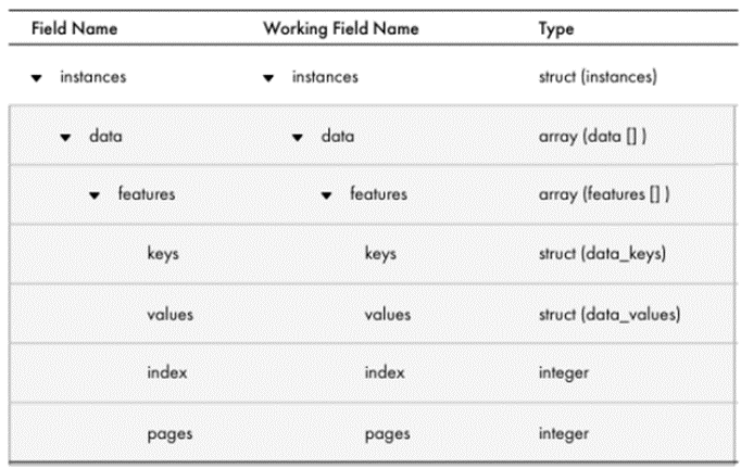 The request schema contains a struct called instances. The instances struct contains a nested array called data which contains another nested array called features.