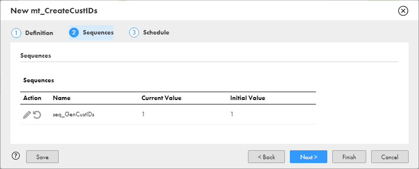 The Sequences section in the mapping task detail shows that the current value is 10001 and the Initial Value is 1.