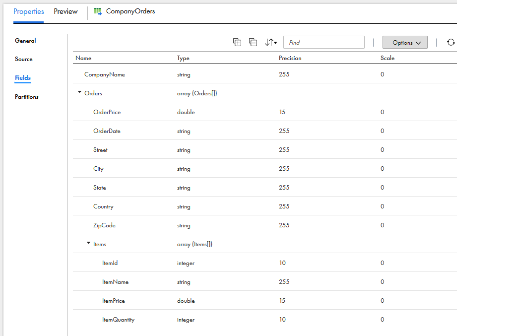 The CompanyOrders file contains a CompanyName string and Orders array of structs. The Orders struct contains OrderPrice, OrderDate, Street, CIty, State, Country, ZipCode, and Items array of structs. The Items struct contains ItemId, ItemName, ItemPrice, and ItemQuantity.