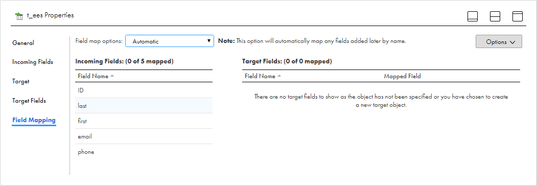 On the Field Mapping tab of the Target transformation, the field map opitions are set to "Automatic." Therefore, the incoming fields will be automatically mapped to the target fields.