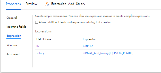 The image shows the Expression tab for the Expression_Add_Salary transformation. The transformation contains two field expressions.