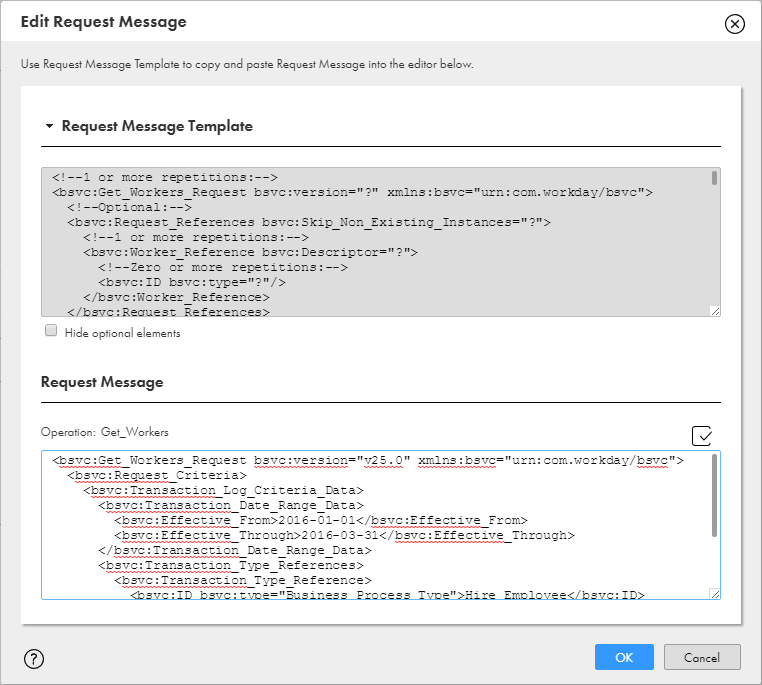 The request message editor pane shows an example of a request message that was revised to include Effective_From and Effective_Through dates.