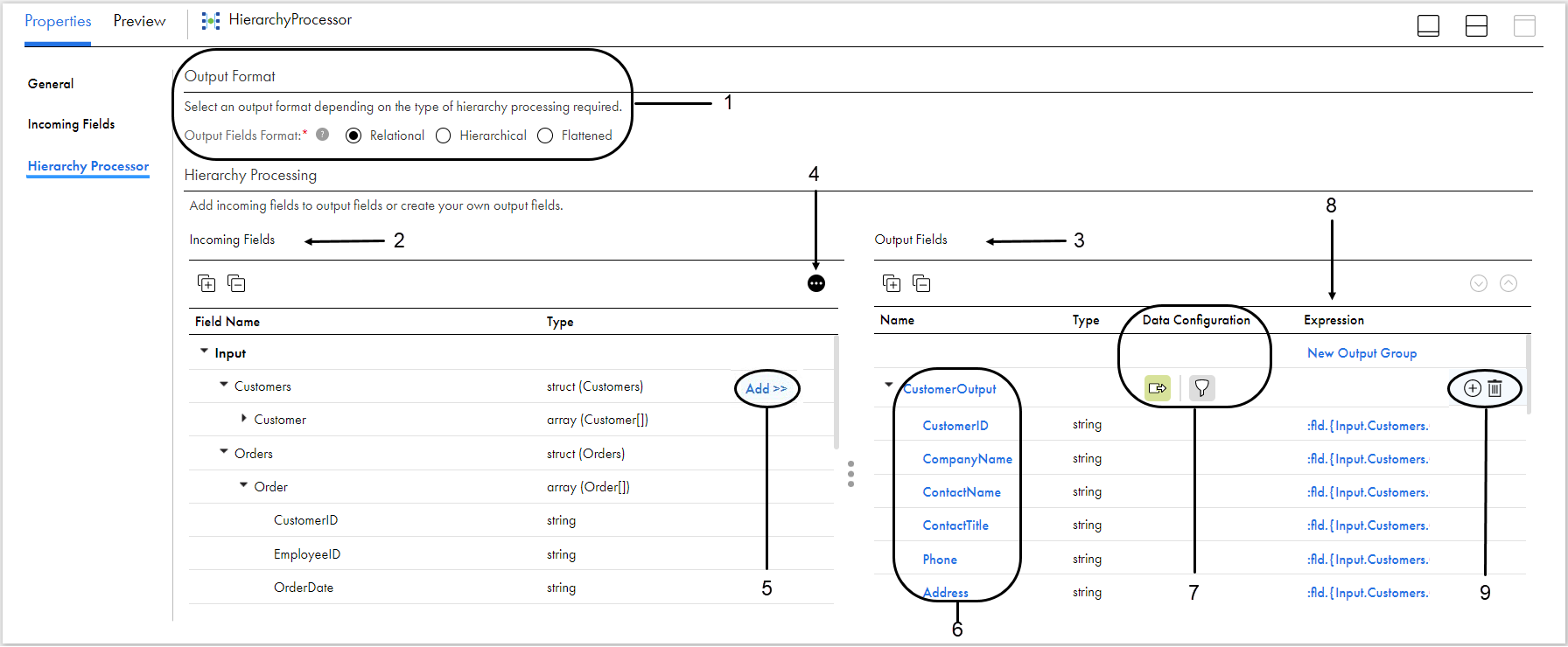 The Hierarchy Processor tab appears with Output Format Relational selected. The transformation contains the incoming fields in the left panel and an output group and fields in the right panel. The Data Configuration icons, links to output fields, and links to expressions provide ways to define the data processing strategy.