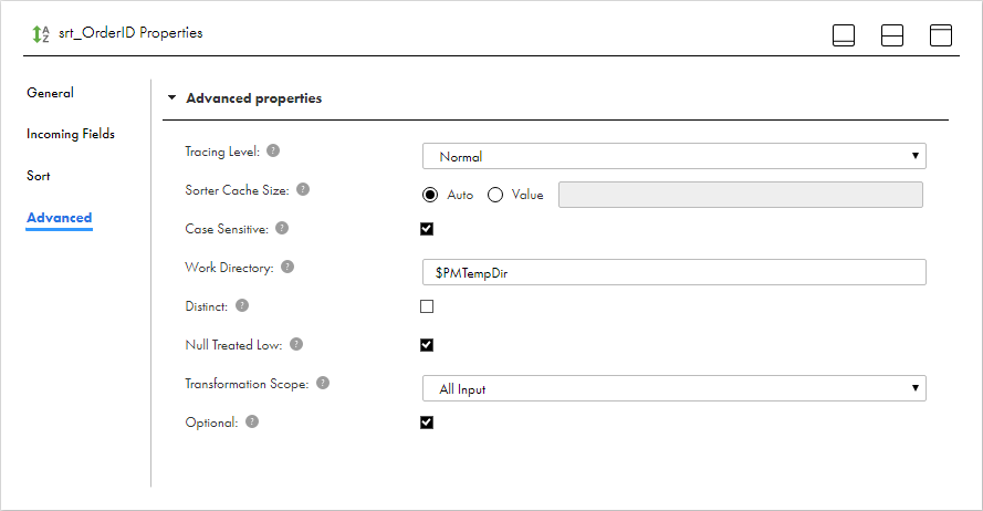 On the Sorter transformation Advanced tab, the Null Treated Low property is selected. The other properties are set to the default values.