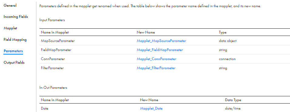 The Parameters tab shows a table with the parameter name in the mapplet, the new mapplet name, and the parameter type. For example, on the first line the data object parameter "MapSourceParameter" is renamed to "Mapplet_MapSourceParameter" in the Mapplet transformation.