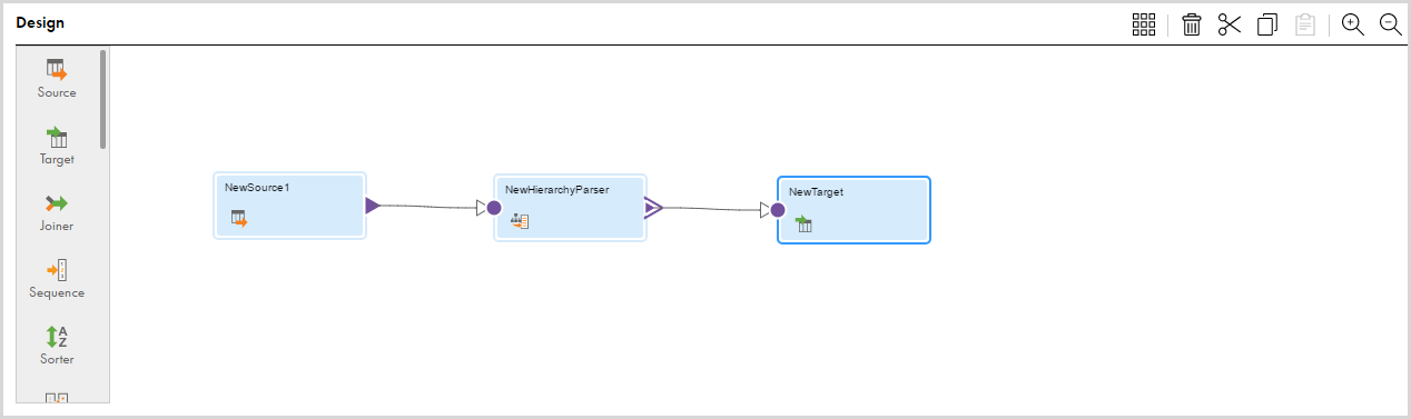 The mapping shows the data flow from the SourceLogFile source to a Structure Parser transformation with name LogParser. The Structure Parser transformations is linked to the TargetFile target.