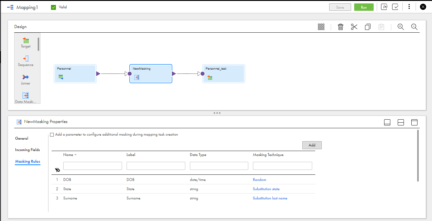 The Mapping Designer shows that masking techniques are assigned to the incoming fields in the Data Masking transformation object. The Substitution last name technique is assigned to the Surname field, the Random technique is assigned to the DOB field, and the Substitution state technique is assigned to the State field.