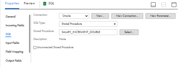 On the Properties panel an Oracle connection is selected, the SQL type is set to "Stored Procedure," and a stored procedure named "SALARY_INCREMENT_DOUBLE" is selected from the database.