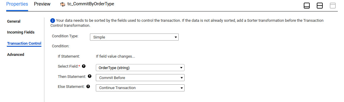 The Transaction Control tab includes fields to configure the transaction control condition. In this image, the condition type is set to "Simple." The condition definition includes a non-editable field called "If Statement" and editable fields called "Select Field," "Then Statement," and "Else Statement."