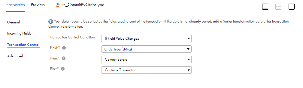 The Transaction Control tab contains the transaction control condition. In this image, the transaction control condition is set to "If Field Value Changes." The other fields on the tab are Field, Then, and Else.