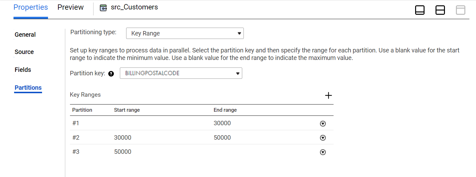 On the Partitions tab for the Source transformation, the partitioning type is "Key Range" and the BILLINGPOSTALCODE column is selected as the partition key. The Start Range and End Range columns for each partition define the range of values for each partition. In the first partition, the start range is blank, so the minimum value is used as the starting value. In the third partition, the end range is blank, so the maximum value is used as the ending value.