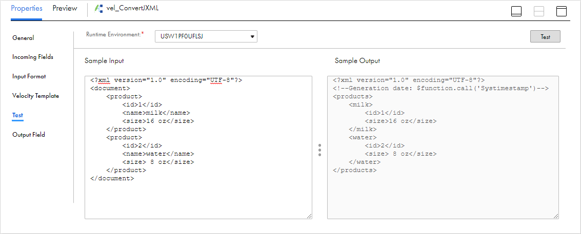 The Test tab contains a field to select the Runtime Environment at the top, a text box to enter sample input on the left, and a text box that shows the sample output on the right. The Test button appears above the sample output.