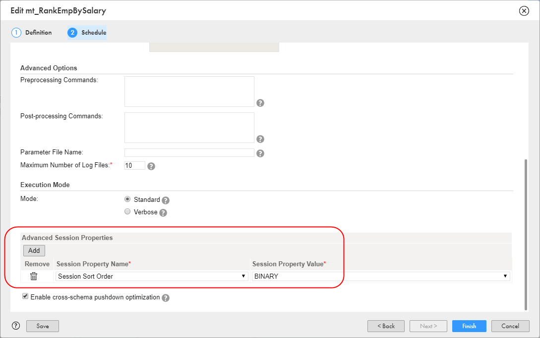 The Session Sort Order property appears in the advanced session properties of a mapping task. Advanced session properties are at the bottom of the Schedule page.