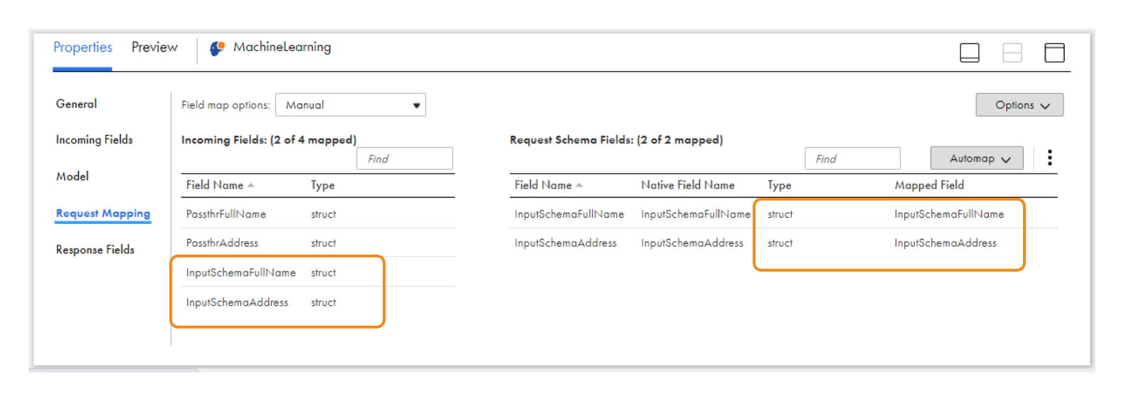 The Request Mapping tab is selected in a Machine Learning transformation. The Incoming Fields side contains two structs that represent a full name and an address, respectively. The incoming fields are mapped to corresponding structs on the Request Schema Fields side.