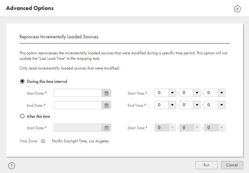 Screenshot of the Advanced Options dialog box where you can configure the job to reprocess incrementally loaded source files.