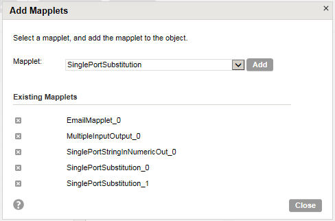 The Add Mapplets dialog box shows the list of mapplets that you can select and add to an object.