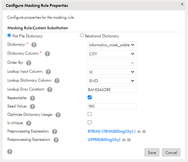 The Configure Masking Rule dialog box shows the masking rule properties that you configure with custom dictionaries.