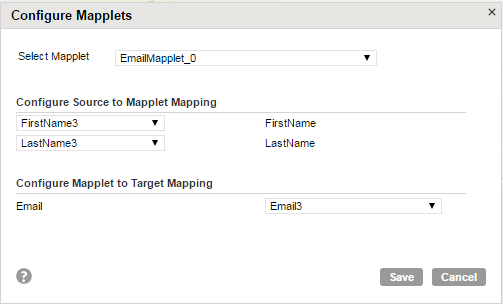 The Configure Mapplets dialog box shows a sample email mapplet with the source fields mapped to mapplet input fields and mapplet output field mapped to the target output field.