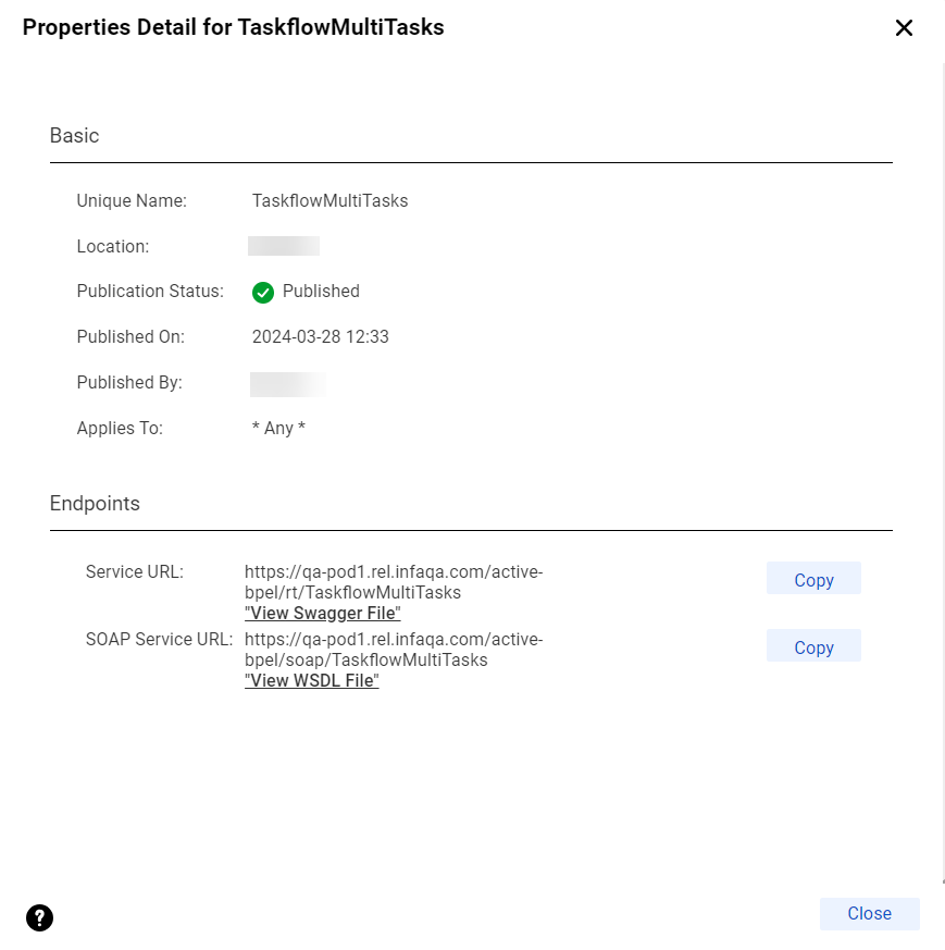 The image displays the Properties Detail dialog box with the service URL and the SOAP service URL.